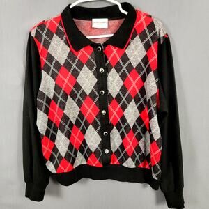 Alfred Dunner Women’s Petite L Argyle Button Cardigan Sweater Black Red Gray USA